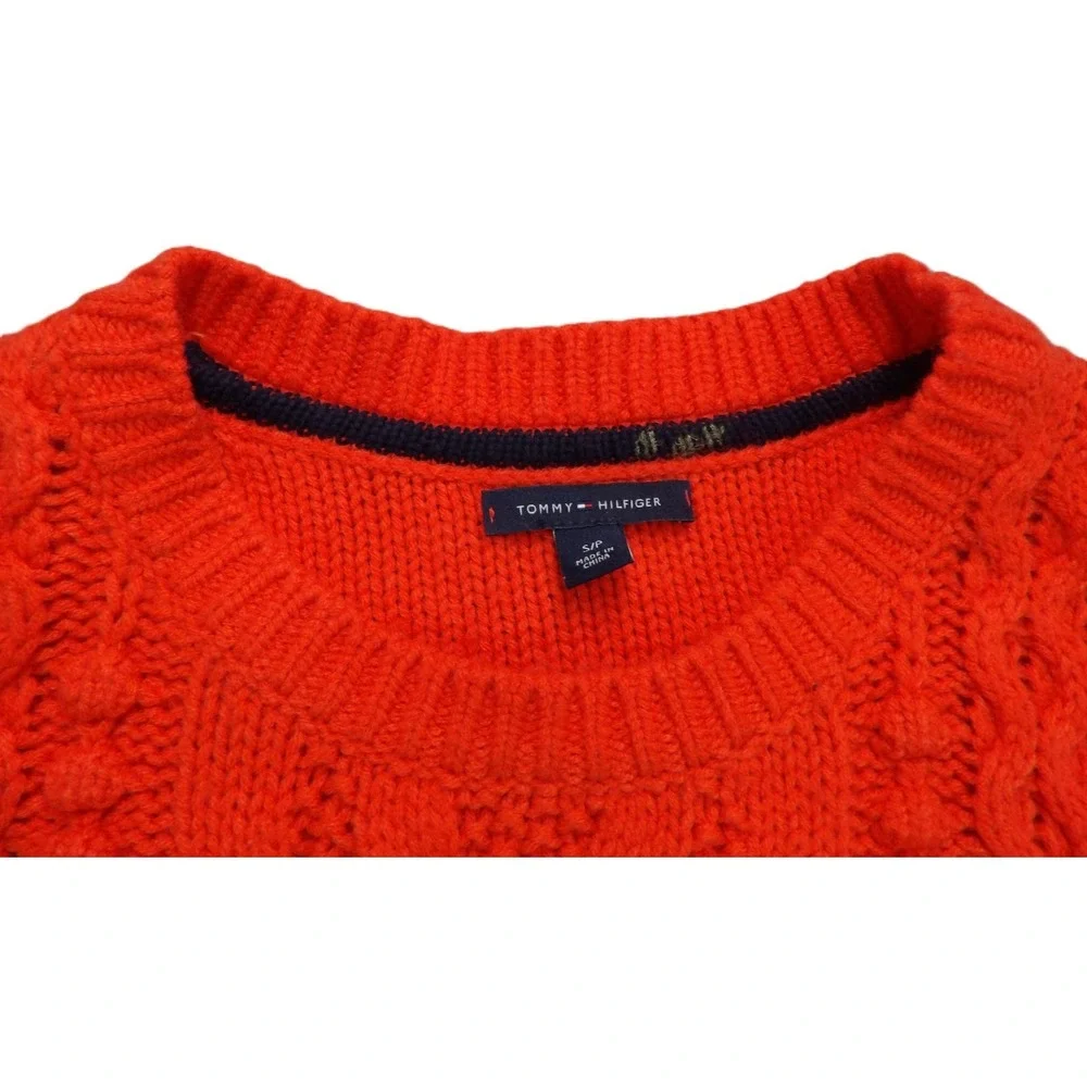 Tommy Hilfiger Cable Knit Sweater Women S Red Wool Blend Crewneck Pullover Logos